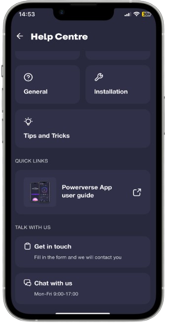 Powerverse app get in touch support ticket