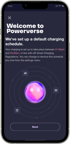Powerverse app pre-set overnight charging schedule